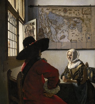 Oficial y chica riendo de Jan Vermeer van Delft